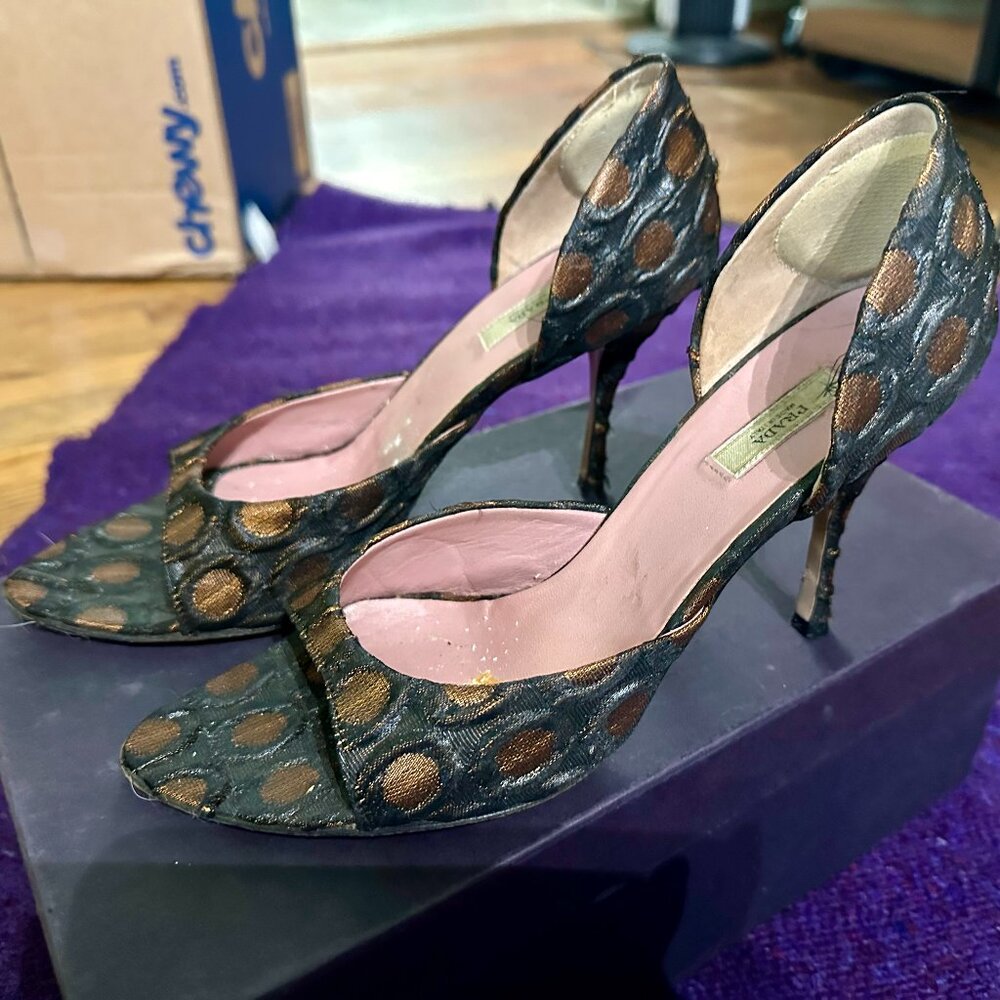 Unique Y2K Vintage Prada Heels size 37.5 Brown with Copper Dots Glazed Canvas